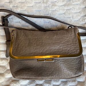 Vince Camuto Taupe Pebbled Leather Crossbody Flap Bag Gunmetal Frame